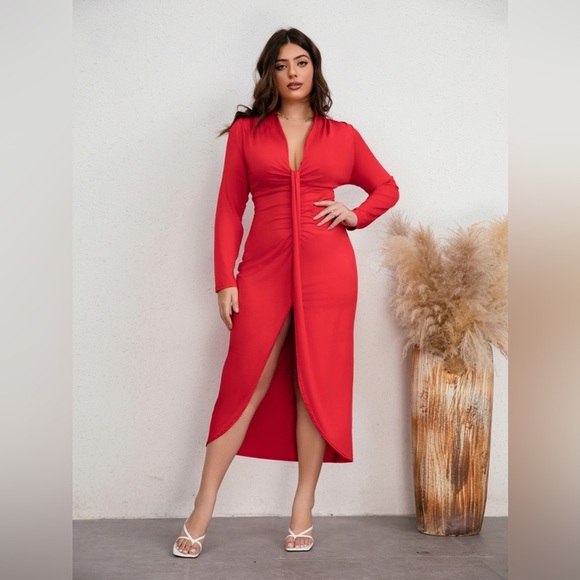 Plus Size Plunge Ruched Slit Dress - Picture 1 of 3